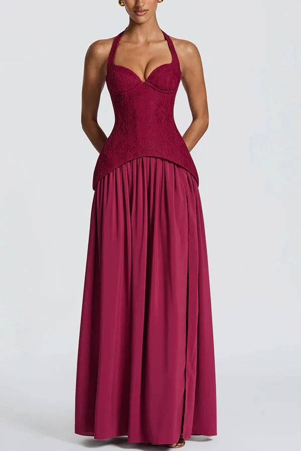 Almira Crepe and Lace Bodice Back Lace-up Chiffon Pleated Hem Maxi Dress