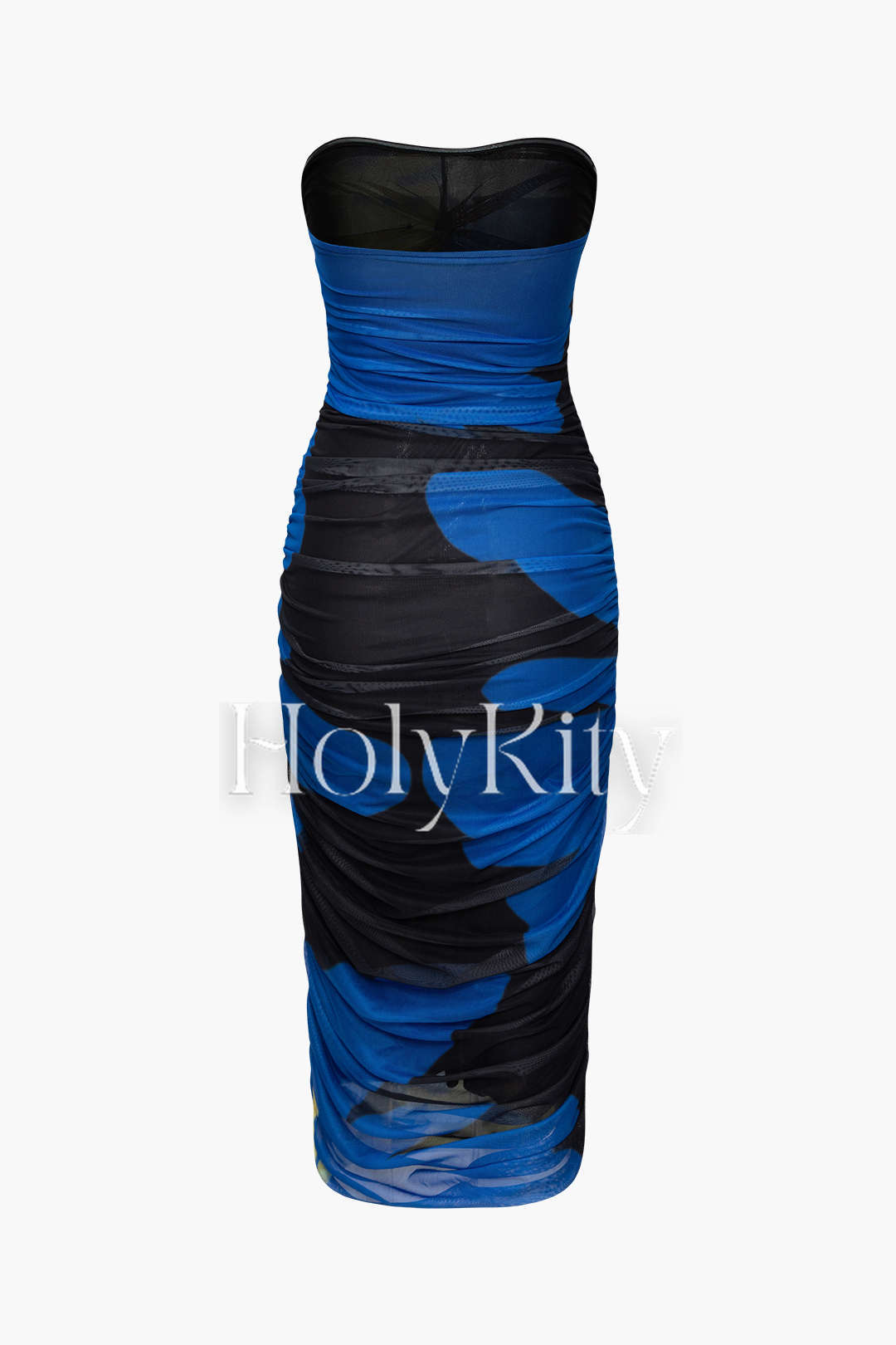 Trägerloses Maxikleid aus bedrucktem Netzstoff mit Rüschen