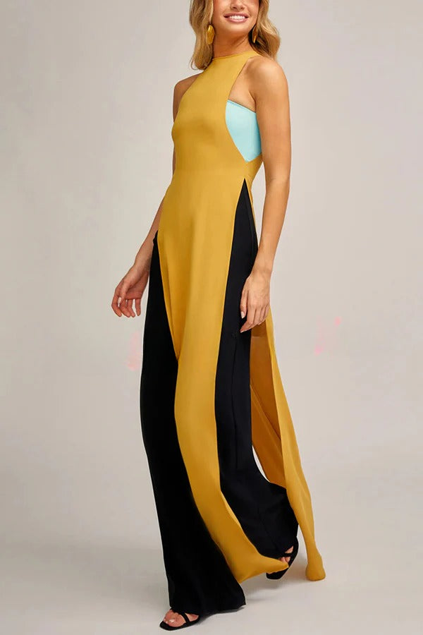 Fashionable Contrast Color Stitching Sleeveless Slim Maxi Dress