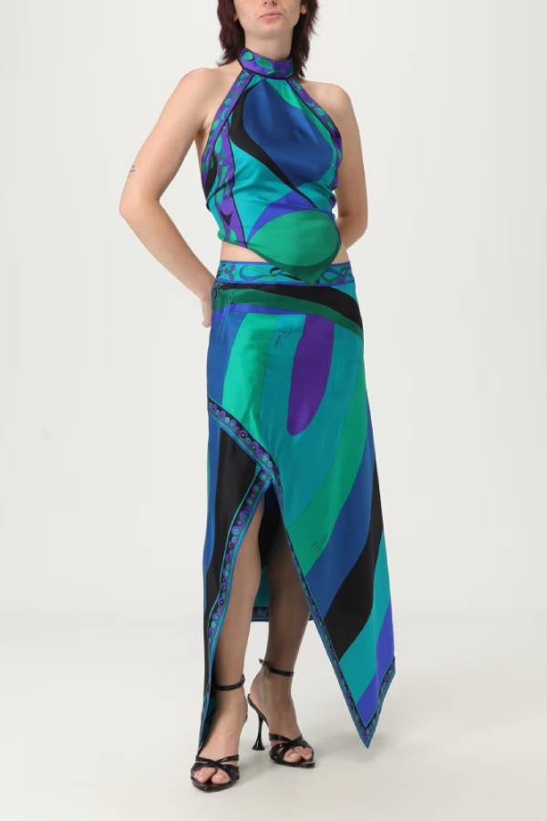 Gabbie Satin Unique Print Halter Scarf Tank and Asymmetrical Maxi Skirt Set