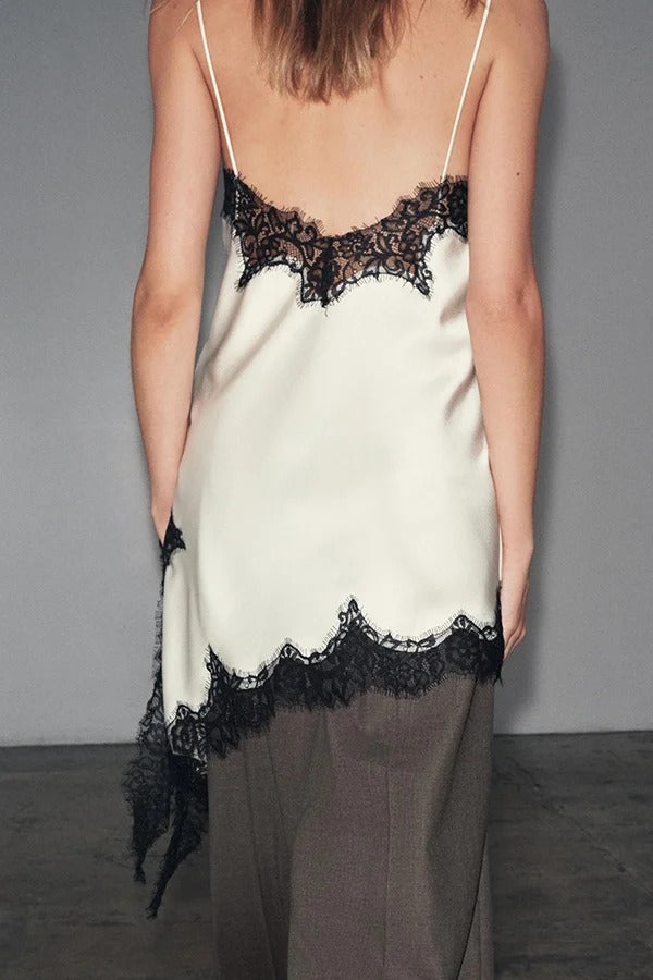 Satin Lace Trim V-neck Asymmetrical Hem Slip Mini Dress