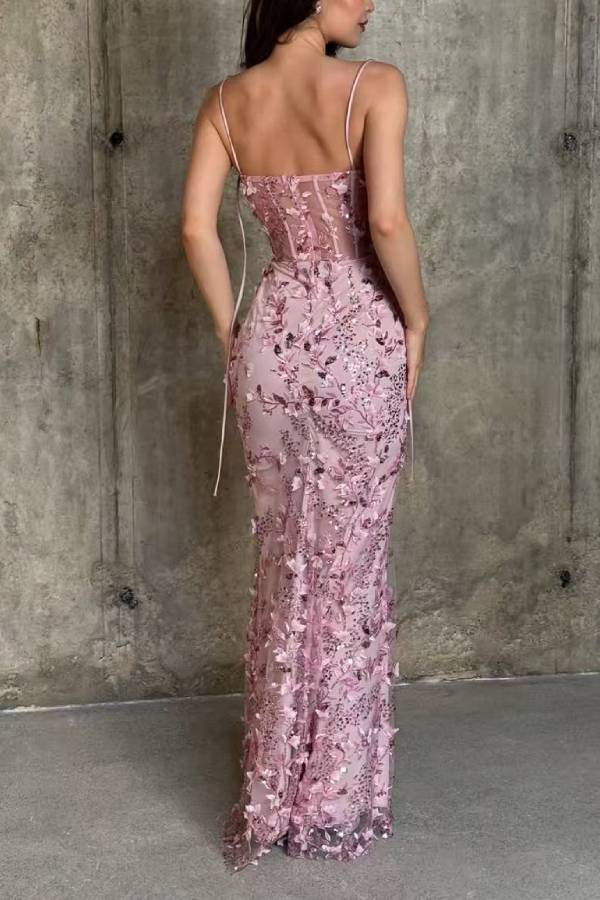 3D Floral Beaded Corset Strap Mermaid Evening Gown