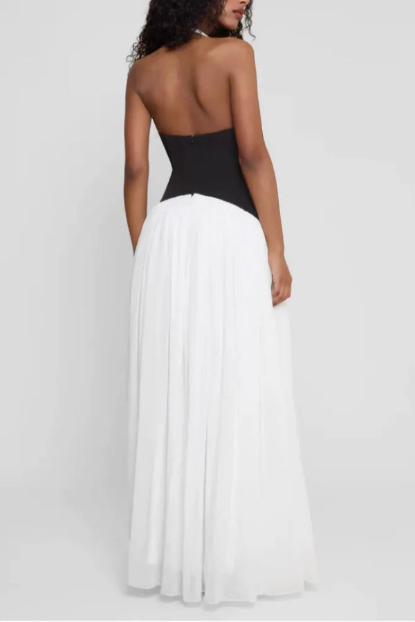 Fashionable Color Matching Sexy Halter Neck Waist Maxi Dress