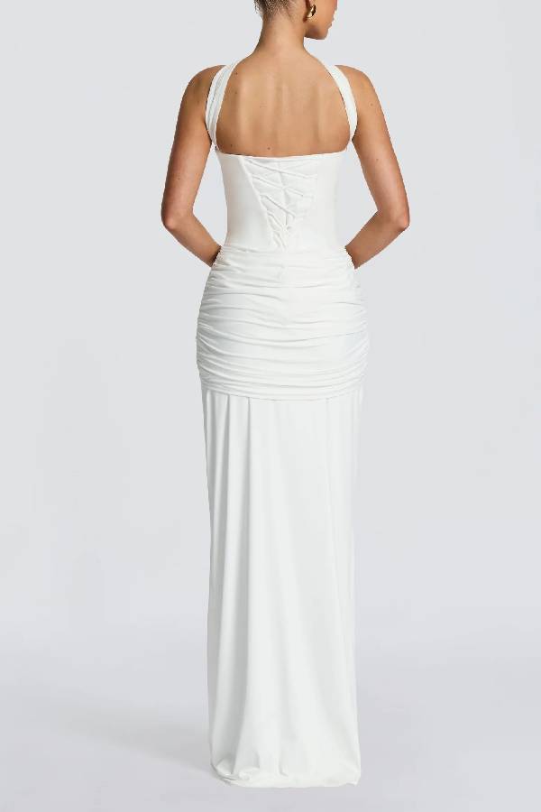 Gia Jersey Sweetheart Neck Detachable Mesh Halter Strap Draped Hem Maxi Dress