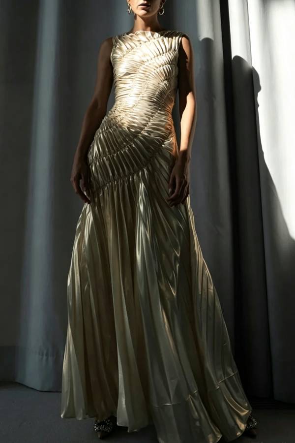 Fossil Metallic Fabric Radial Pleated Pattern Crew Neck Sleeveless Maxi Dress