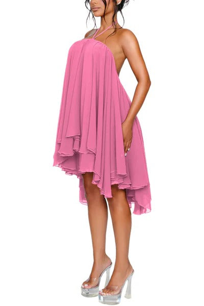 Oastal Escape Fluid Chiffon Halter High Low Layered Hem A-line Mini Dress