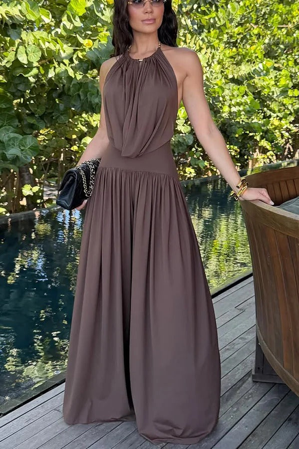 Lightweight Chic Metal Ring Drape Cowl Halter Neck Bodysuit and Elastic Waist Wide Leg Pants Set