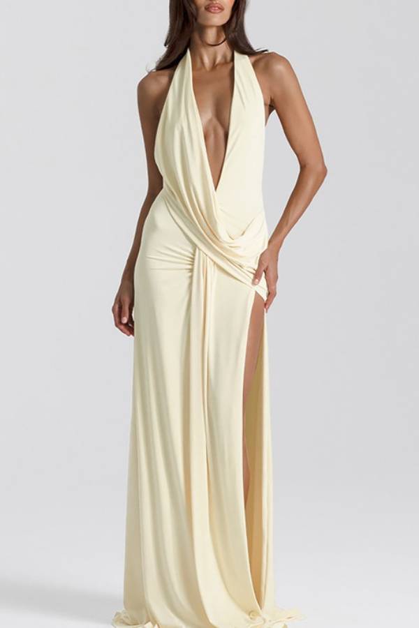 Sexy Backless Halter Long Gown Deep V Twist High Split Vacation Party Floor-Length Dress