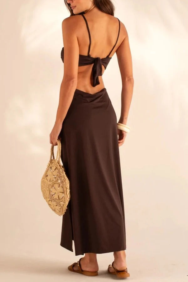 Metal Shell Straps Elastic Bikini and Slit Cover-up Dress Three-piece Set