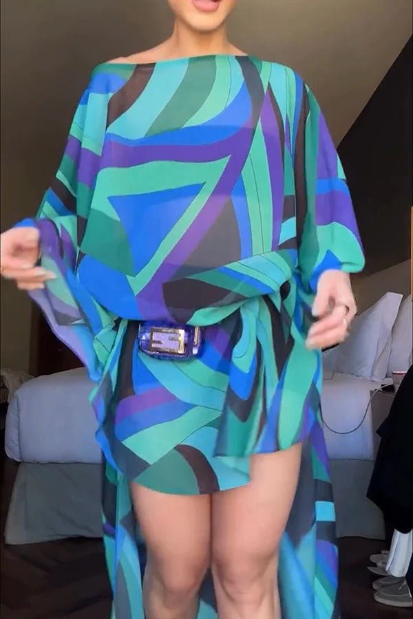 Tamia Sheer Unique Print High Low Hem Loose Kaftan Maxi Dress