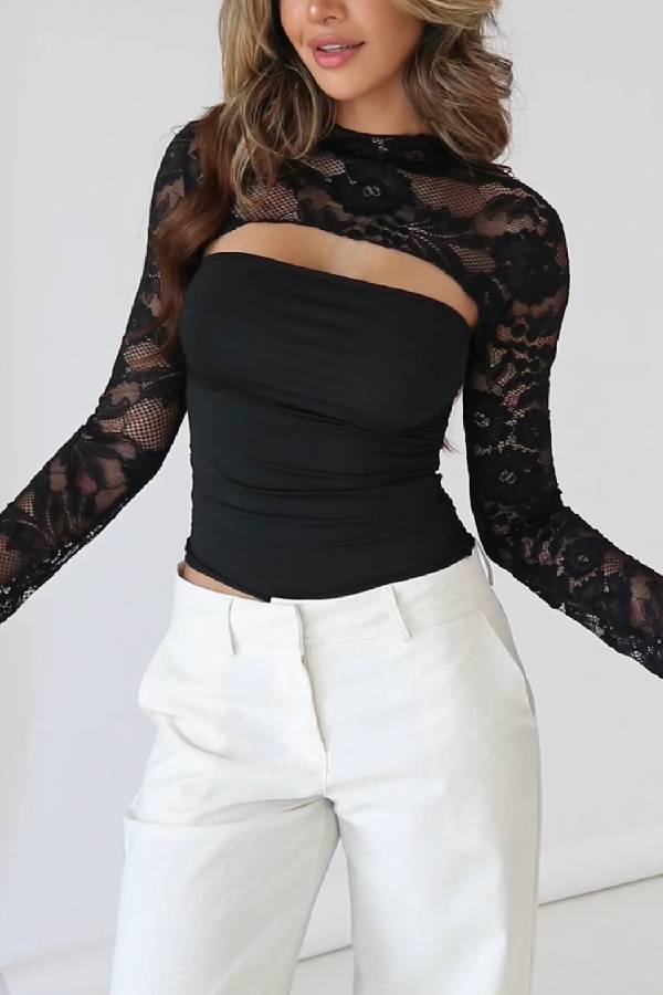 Lace Flare Sleeve Shrug & Tube Top Two‑Piece Top