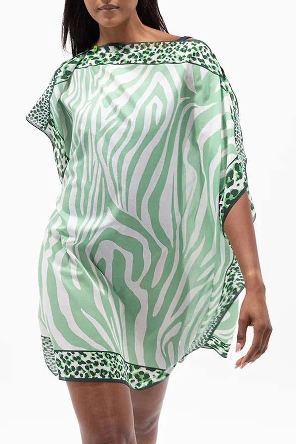 Leopard Mixed Zebra Unique Print One Shoulder Button Detail Loose Cover-up Mini Dress