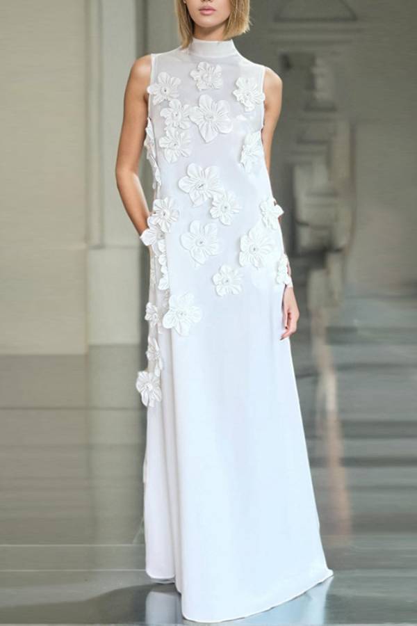 3D Flower High Neck Sleeveless Long Dress