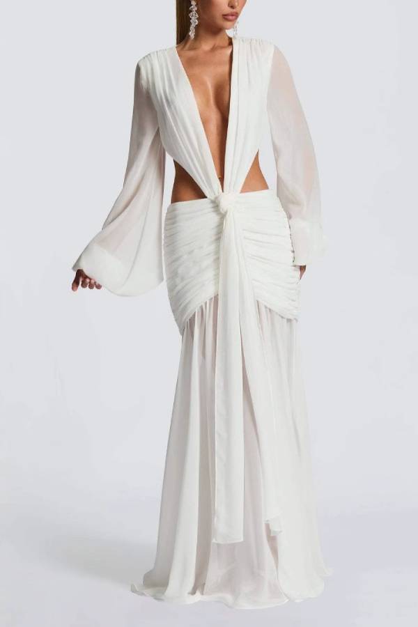Deep V Lantern Sleeve Chiffon Cutout Maxi Evening Dress