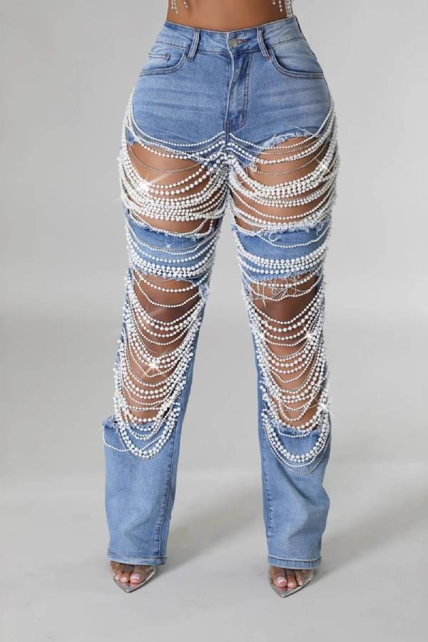 Rhinestone/Pearl Fringe High-Waisted Straight-Leg Jeans