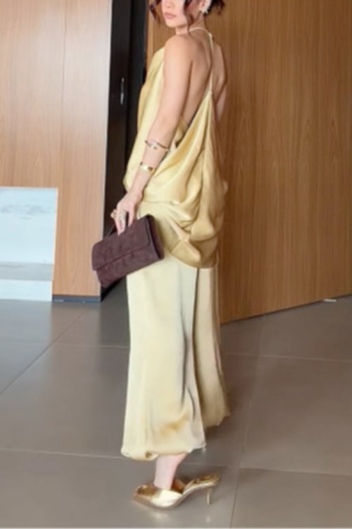 Sleeveless Open Back Top and Balloon Pants Satin Set