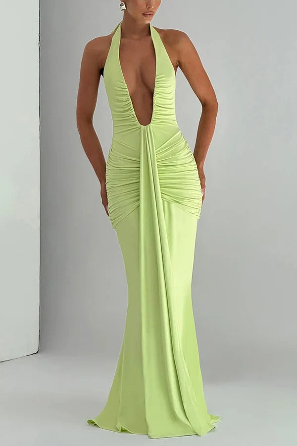 Solid Color Elegant Halterneck V-neck Open Back Tie Gathered Maxi Dress