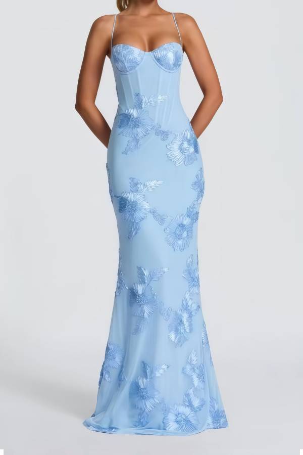 3D Floral Embroidered Lace-Up Backless Mermaid Evening Gown