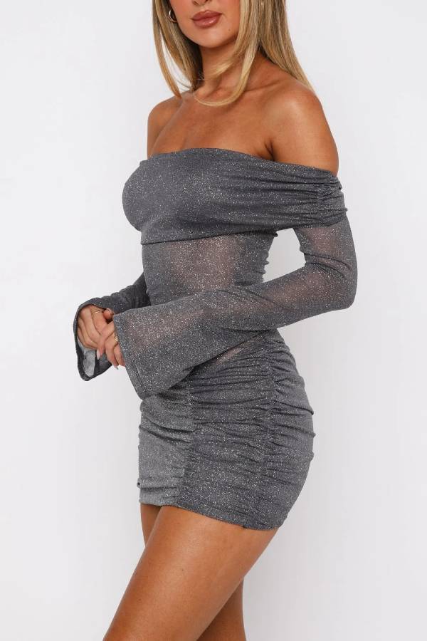 Off-the-Shoulder Glitter Mesh Long-Sleeve Ruched Bodycon Mini Dress