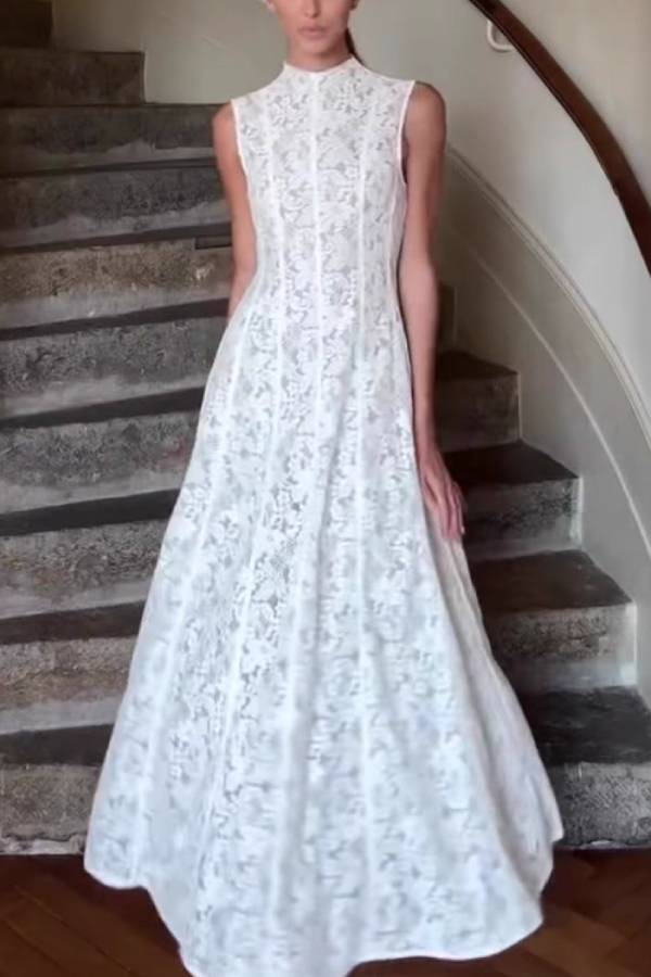 White Stand Collar Sleeveless Heavy Lace Waist-Flared Maxi Dress