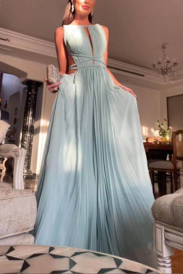Elegant Hollow Back Sleeveless Pleated Maxi Dress