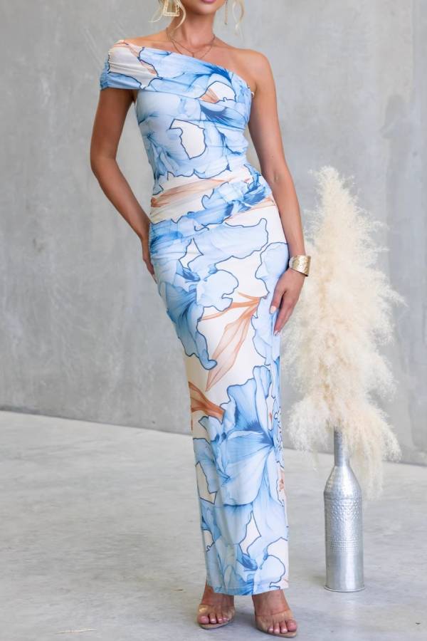 One-Shoulder Floral Print Ruched Bodycon Maxi Dress