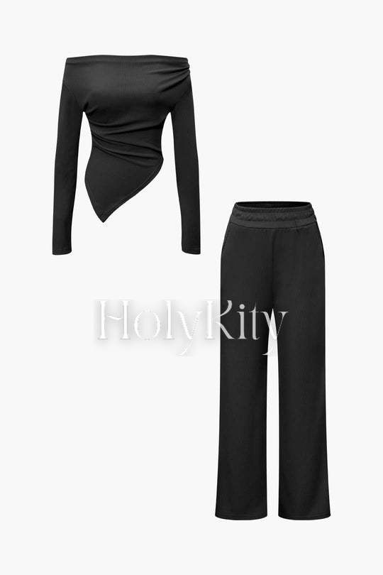 Ensemble haut asymétrique froncé à épaules dénudées et pantalon droit