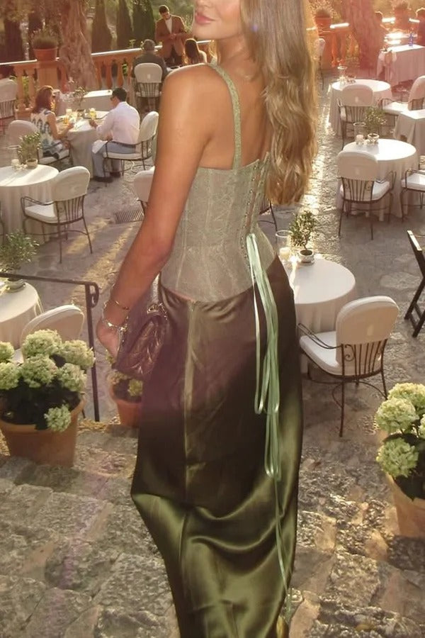 In A Fairytale Lace Satin Mid Rise Drape Maxi Skirt