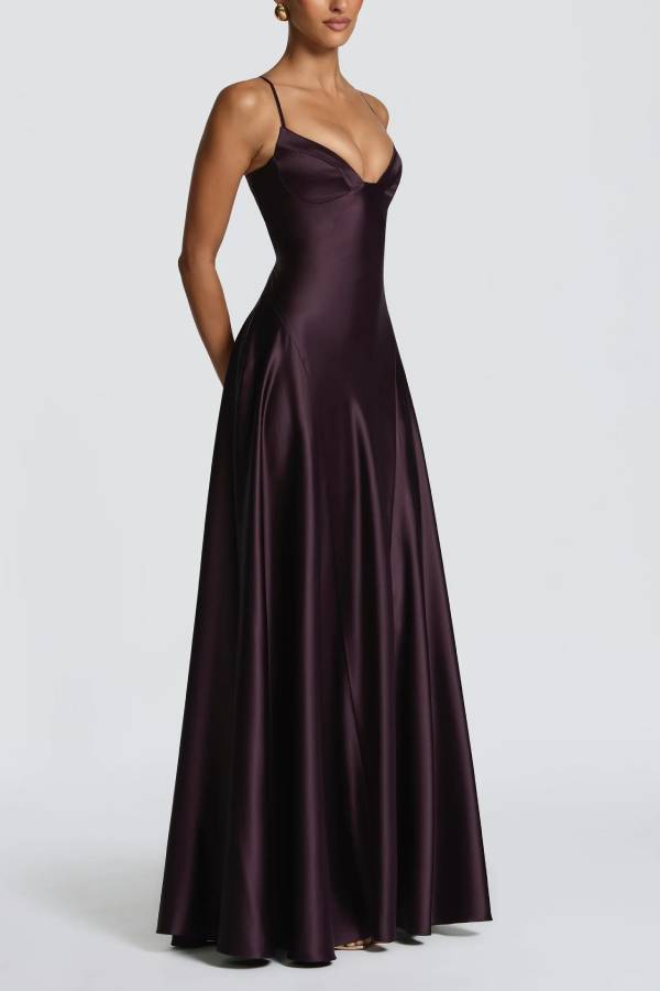 Asterin Satin V-neck Back Lace-up Slip Flare Maxi Dress