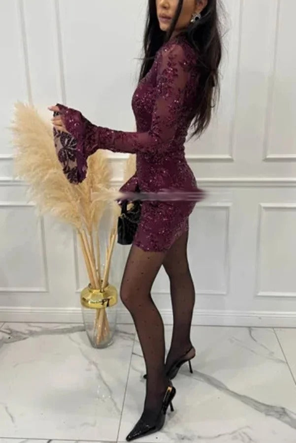 Deep and Dazzling Floral Texture Sequin Long Bell Sleeve Open Back Mini Dress