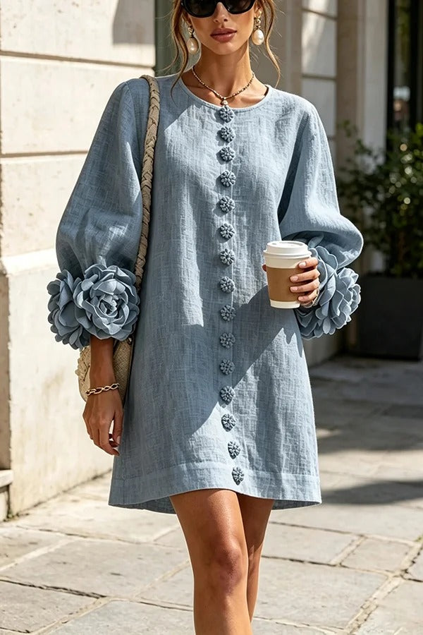 Rima Linen Blend Flowers Button Down Floral Cuffs Half Sleeve Mini Dress