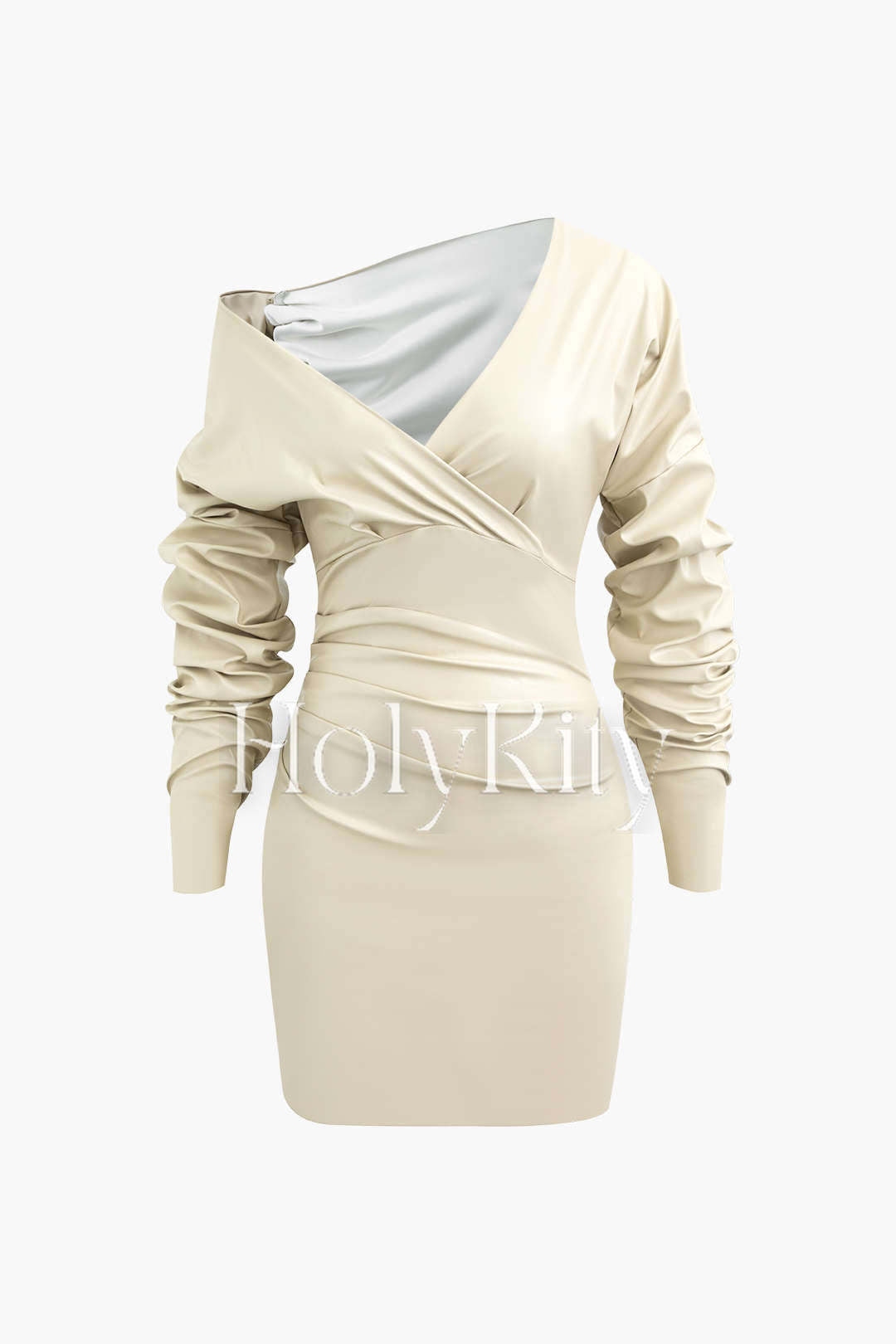 Asymmetric Faux Leather V-neck Gathered Mini Dress