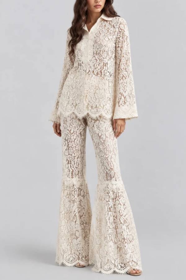 Vintage Floral Lace Long Sleeve Tunic Top and Flared Wide Leg Pants Set