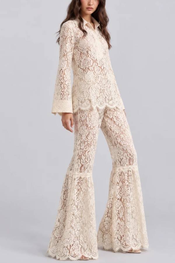 Vintage Floral Lace Long Sleeve Tunic Top and Flared Wide Leg Pants Set