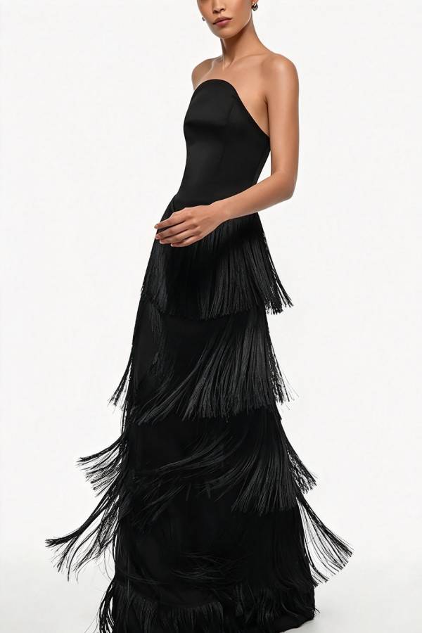 Maya Strapless Corset Layered Tassel Hem Gown Maxi Dress