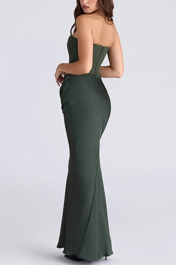Attend The Gala Strapless Corset Satin Ruched Hip Drape Maxi Dress