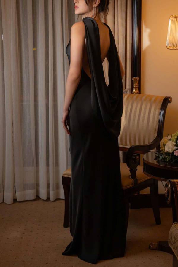 Satin Draped Backless Cape Long Evening Gown