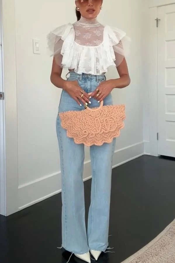 Kathlyn Lace Layered Tulle High Neck Ruffle Cropped Top