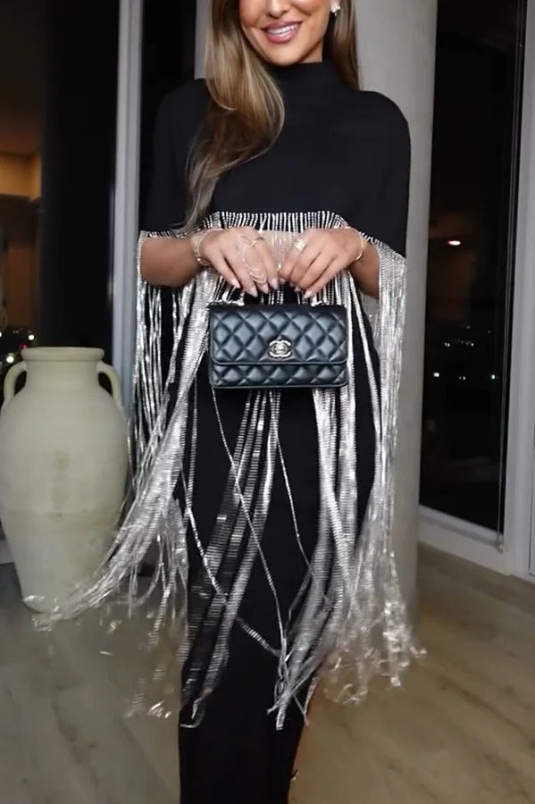 New Level Shiny Tassel Stand Neck Crop Cape Blouse