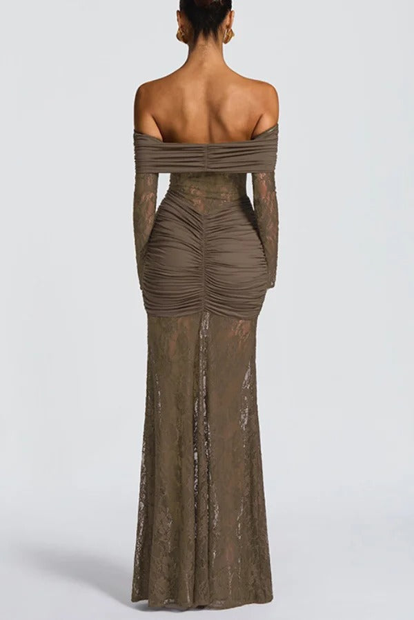 Solid Color Patchwork Lace Off-shoulder Long-sleeved Pleated Slim-fit Maxi Dress