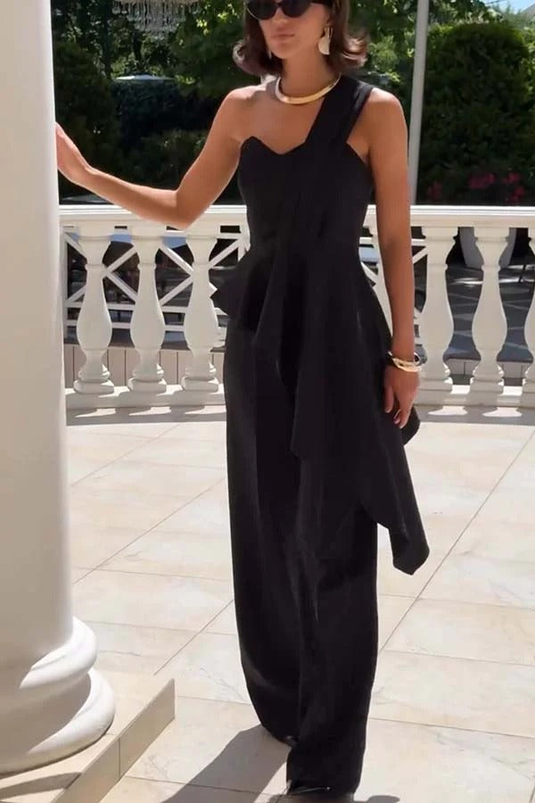 Amena One Shoulder Sweetheart Neck Ruffle Hem Top and Elastic Waist Pocket Wide Leg Pants Set