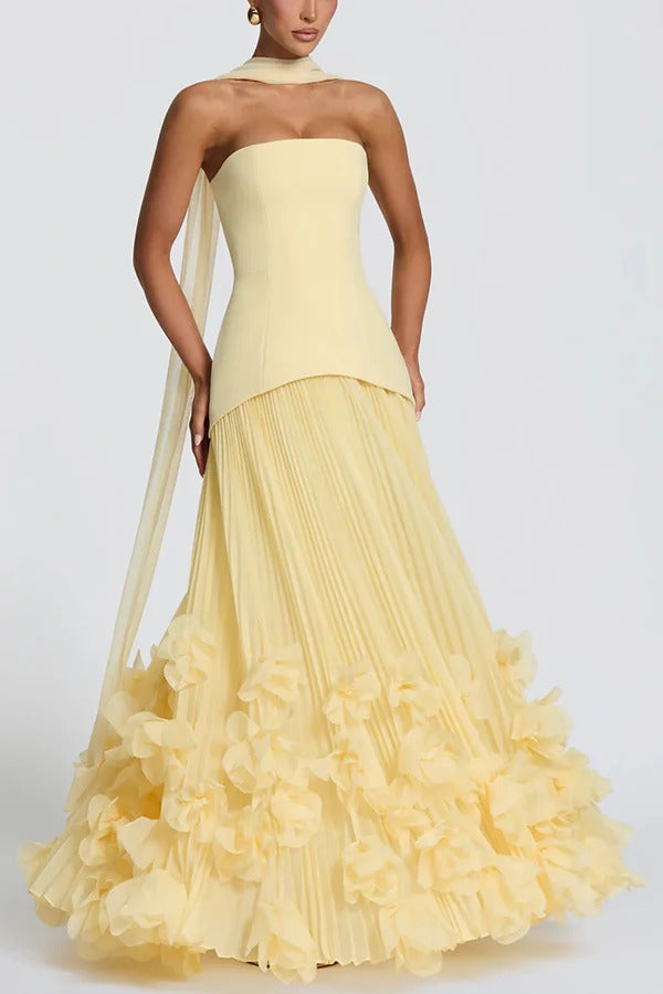 Serafina Strapless Back Lace-up Handcrafted Floral Appliqués Pleated Hem Gown Maxi Dress