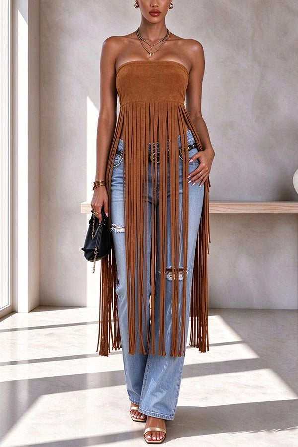 Western-style Faux Suede Solid Color Tassel Strapless Top
