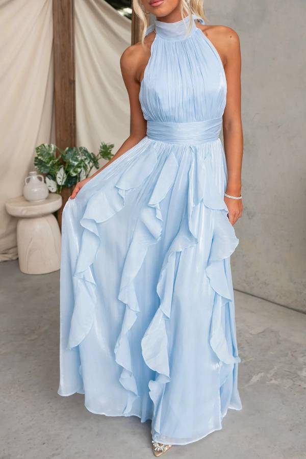 Shimmer Chiffon Halter Ruffle Bridesmaid Maxi Dress