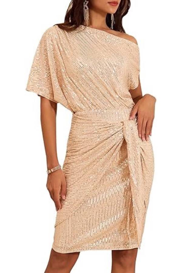 One-shoulder sequined twisted fitted party dress