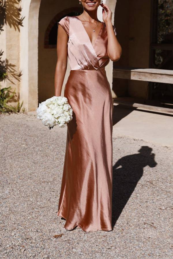 Satin V-Neck Sleeveless Empire Waist Floor-Length Dress