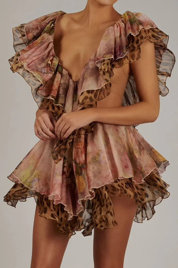 Dreamy Island Floral Leopard Print Cutout Waist Tiered Ruffles Mini Dress