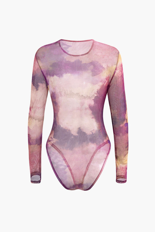 Langärmliger Bodysuit aus Netzstoff mit Batikmuster