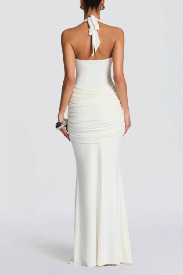 Halter Neck Ruched Tie-Detail Bodycon Gown