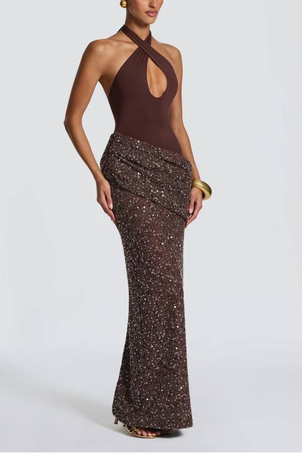 Solea Stretch Jersey Ruched Sequin Embellished Hem Adjustable Halter Maxi Dress